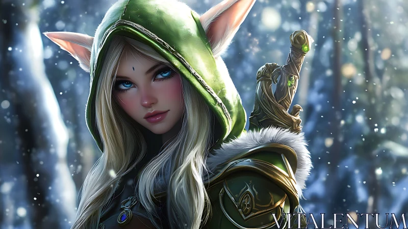 Elf archer in green hooded cloak within snowy forest.