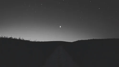 Crescent moon over silhouetted hill with star-dotted night sky.