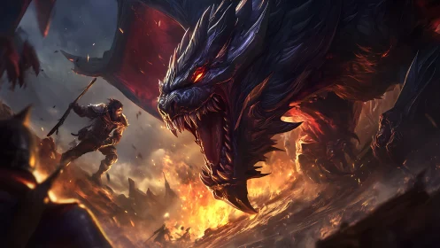 Dragon battle over burning battlefield with lone warrior.