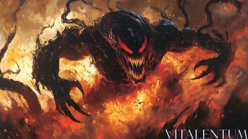 Demonic black creature with claws emerging from firestorm.