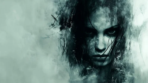 Haunting female visage emerges through abstract shadows.