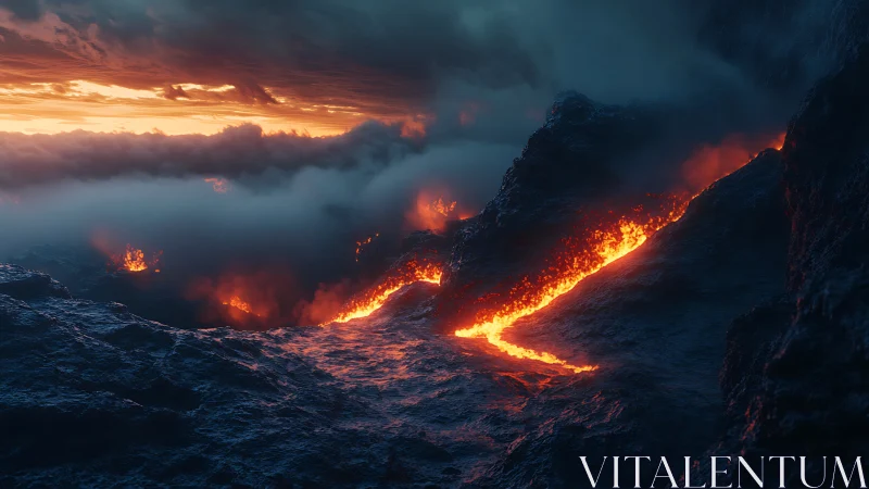 Volcanic Lava Flow at Dusk. Molten Streams Cascade Down Dark Stone.