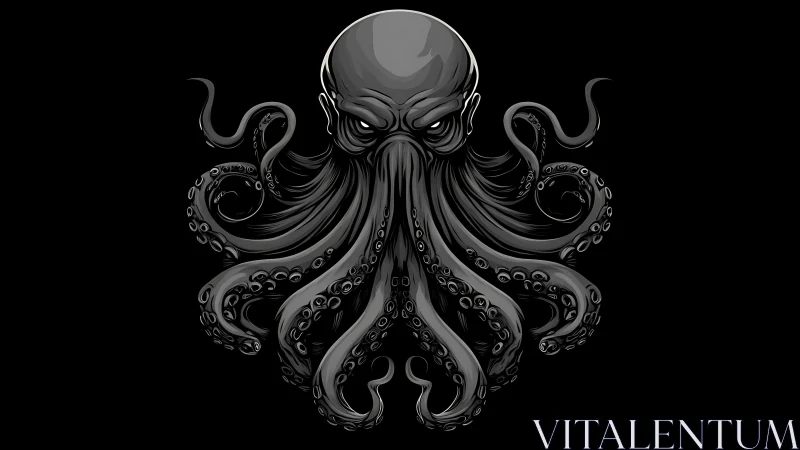 Monochrome tentacled skull creature on black background.