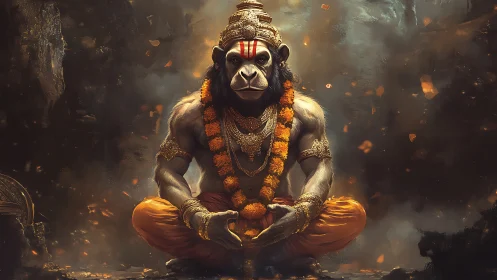 Muscular anthropoid deity in lotus pose with ornate garlands and armor