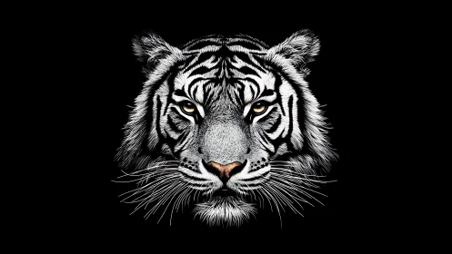 White tiger face on black background in sharp frontal view.