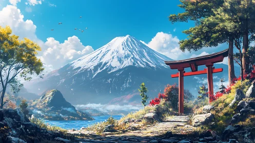 Torii-framed alpine landscape with luminous Mount Fuji summit.