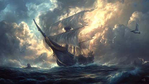 Tall ship under storm clouds cuts through rough ocean waves