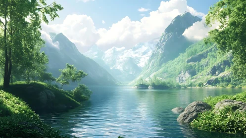 High dynamic range alpine lake with lush sunlit valley