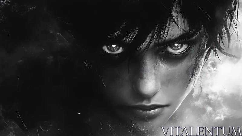 Monochrome close-up of intense human-like digital face.