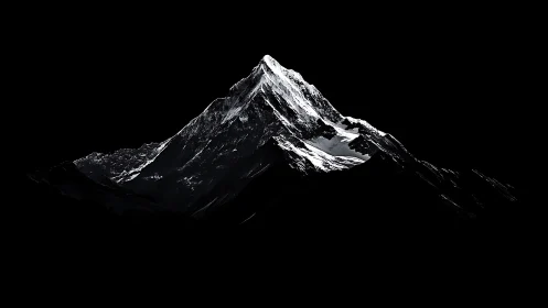 Isolated snowcapped mountain peak cuts sharply through darkness