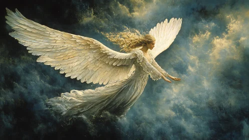 Luminous winged seraph in dynamic atmospheric ascension.