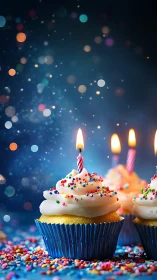 Birthday cupcakes ignite against bokeh-lit festive backdrop.