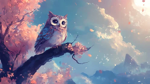 Whimsical Owl on Blossom Tree Branch in Dreamy Pastel Art Style.