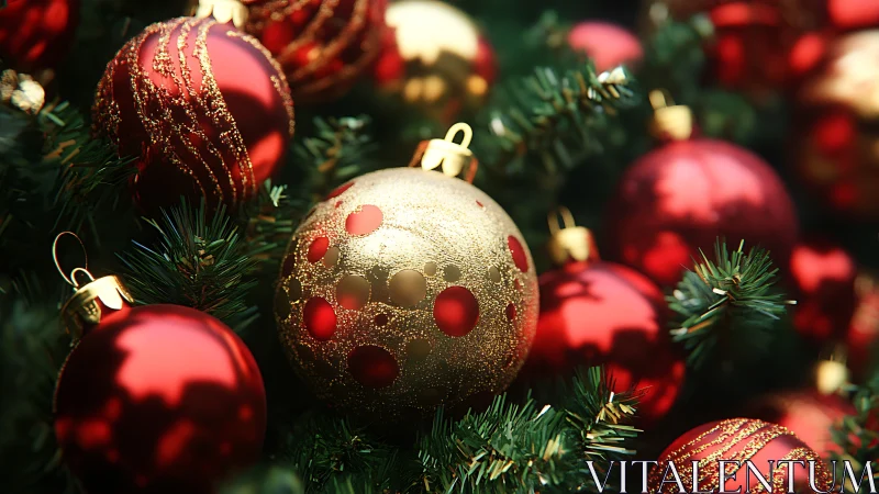 Gilded Christmas baubles glow in a lush evergreen dream.