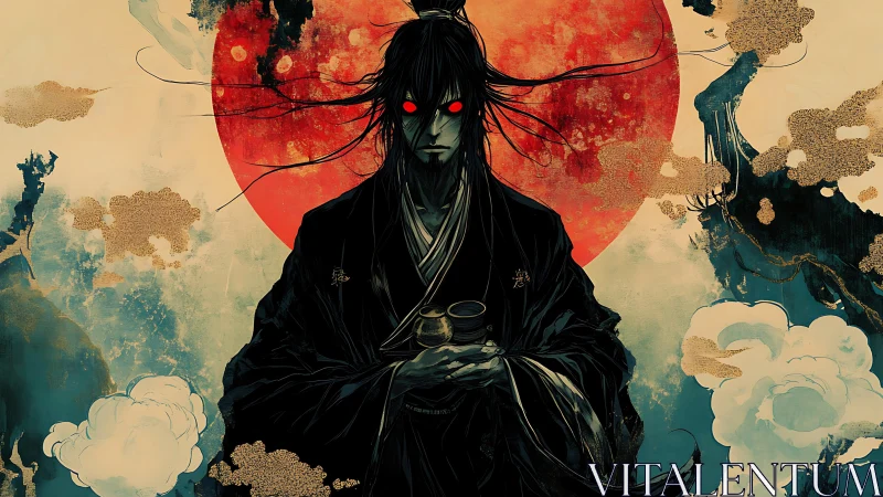 Dark robed figure before red sun in stylized fantasy scene.