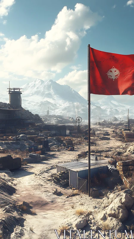 Red faction flag over snowy wasteland industrial outpost.
