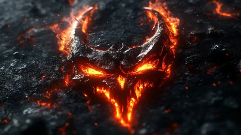 Fiery demonic skull emblem carved in molten rock surface.