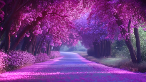 Pink flowered tree tunnel over quiet country pathway.