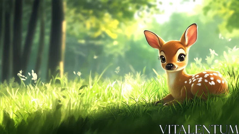 Gentle fawn rests in sunlit forest grass and glows softly