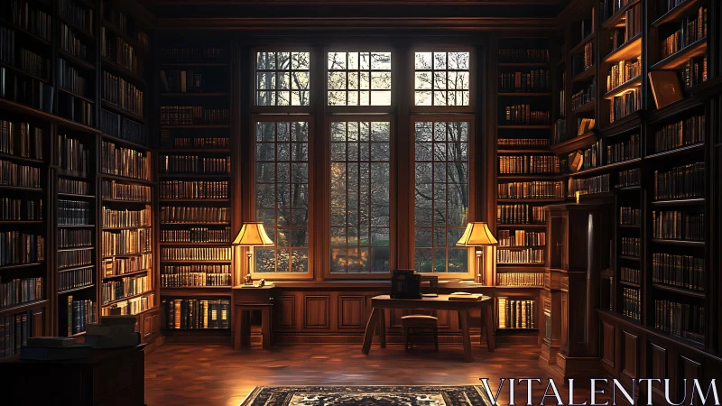 Sunlit library study room with tall shelves and desk