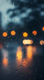 Raindrops on glass with blurred city lights at night.