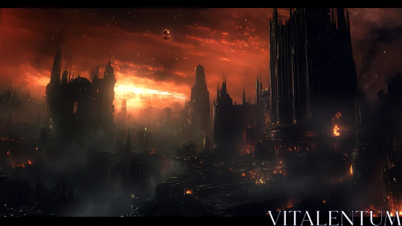 Burning dystopian megacity collapses under a crimson sky