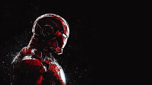 Red armored helmet profile in splattered digital rendering.