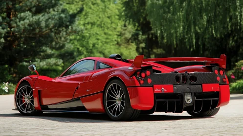 Red exotic supercar stands parked against lush greenery.