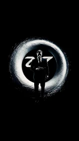 Silhouette spy in gun-barrel tunnel with bold 27 emblem.