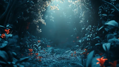 Underwater Cavern with Bioluminescent Flora