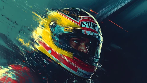 Racing driver portrait in motion with vivid helmet detail.