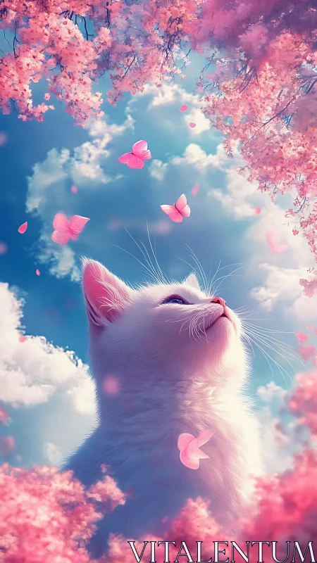 Dreaming Feline Chases Butterflies Through Pink Blossom Clouds