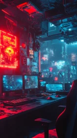 Cyberpunk hacker workstation glows in neon city haze.