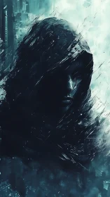 Cyberpunk cloaked figure in fragmented neon haze composition.