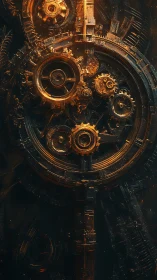 Cyberpunk brass clockwork core with glowing gears in shadow.
