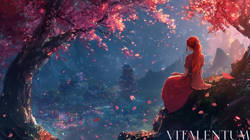 Woman in red dress overlooking night valley of cherry trees.