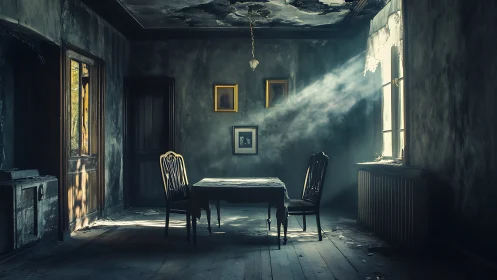 Soft daylight finds a quiet table in an abandoned old room