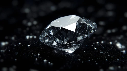 Brilliant cut diamond on black glitter surface, hyper-realistic style.