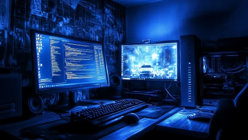 Cyber blue dual-monitor workstation in moody studio light.