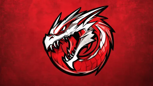 Coiled white dragon emblem on textured red backdrop.