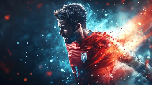 Dynamic soccer portrait uses particle dispersion and bicolor energy trails