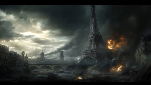 Eiffel Tower in heavy smoke and urban destruction scene.