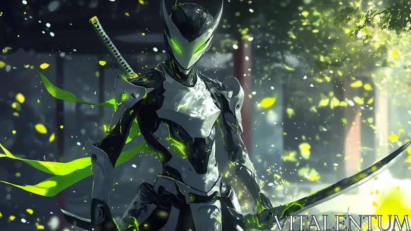Cybernetic katana warrior rendered with luminous green energy accents