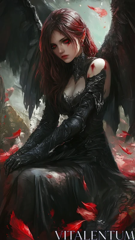 Scarlet-eyed fallen angel brooding in storm of red petals.