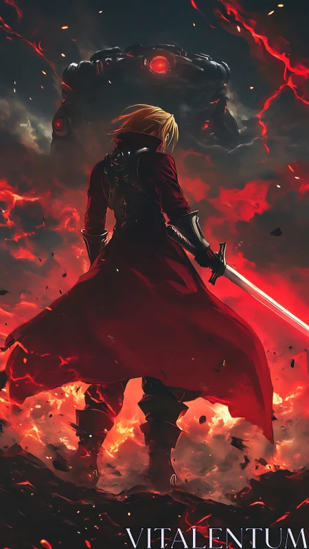 Swordsman confronts towering mech amid swirling red firestorm