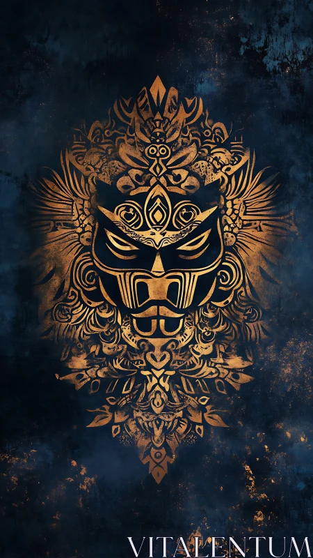 Ornate golden mask totem on distressed midnight blue field.