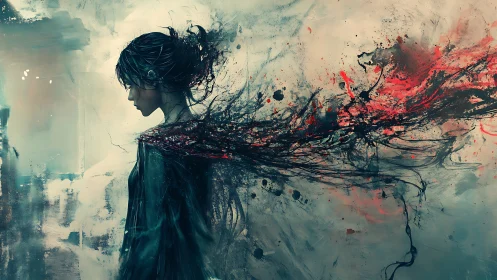 Solitary cybernetic figure with abstract crimson dispersion.