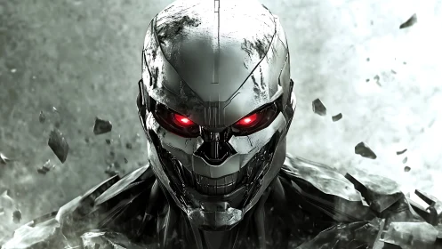Cybernetic skull stares forward with blazing red eyes.