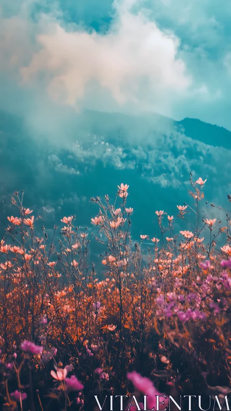 Wildflower meadow under clouds in soft teal and pink tones.