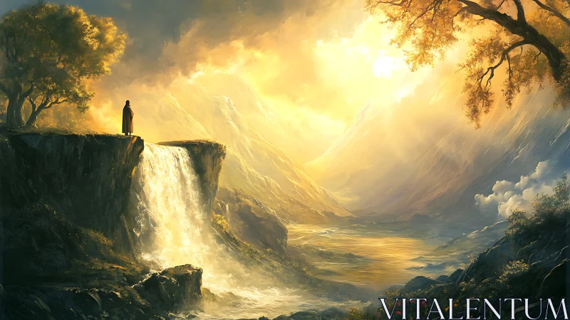 Solitary wanderer greets a blazing waterfall dawn horizon